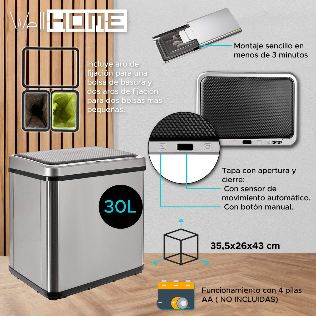 Cubo de reciclaje inteligente sin patas 15L+15L gris 35x26x43cm (2)