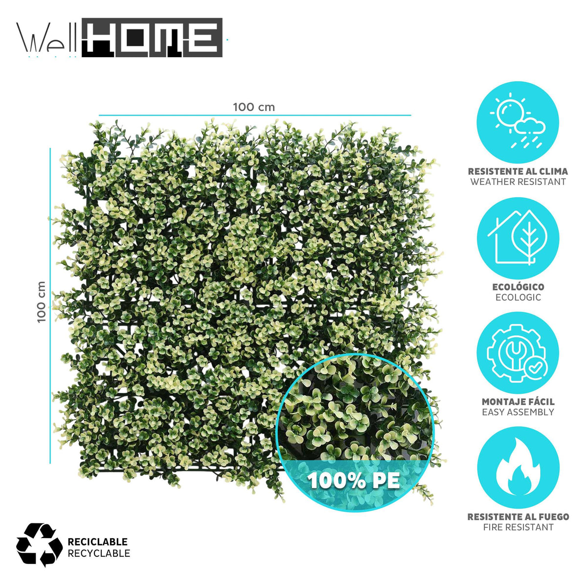 Panel jardín vertical artificial seto 100x100cm verde y blanco (2)