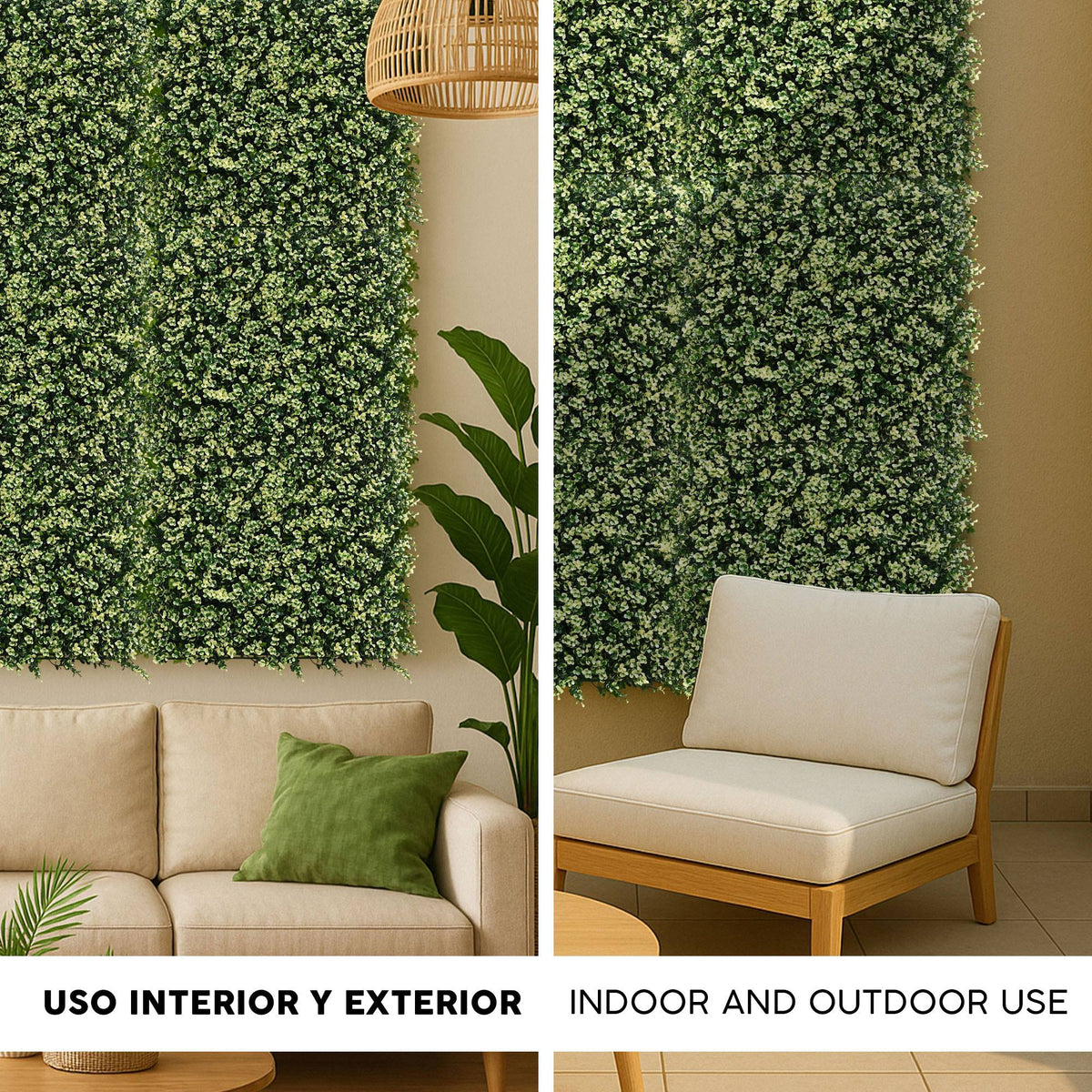 Panel jardín vertical artificial seto 100x100cm verde y blanco (3)