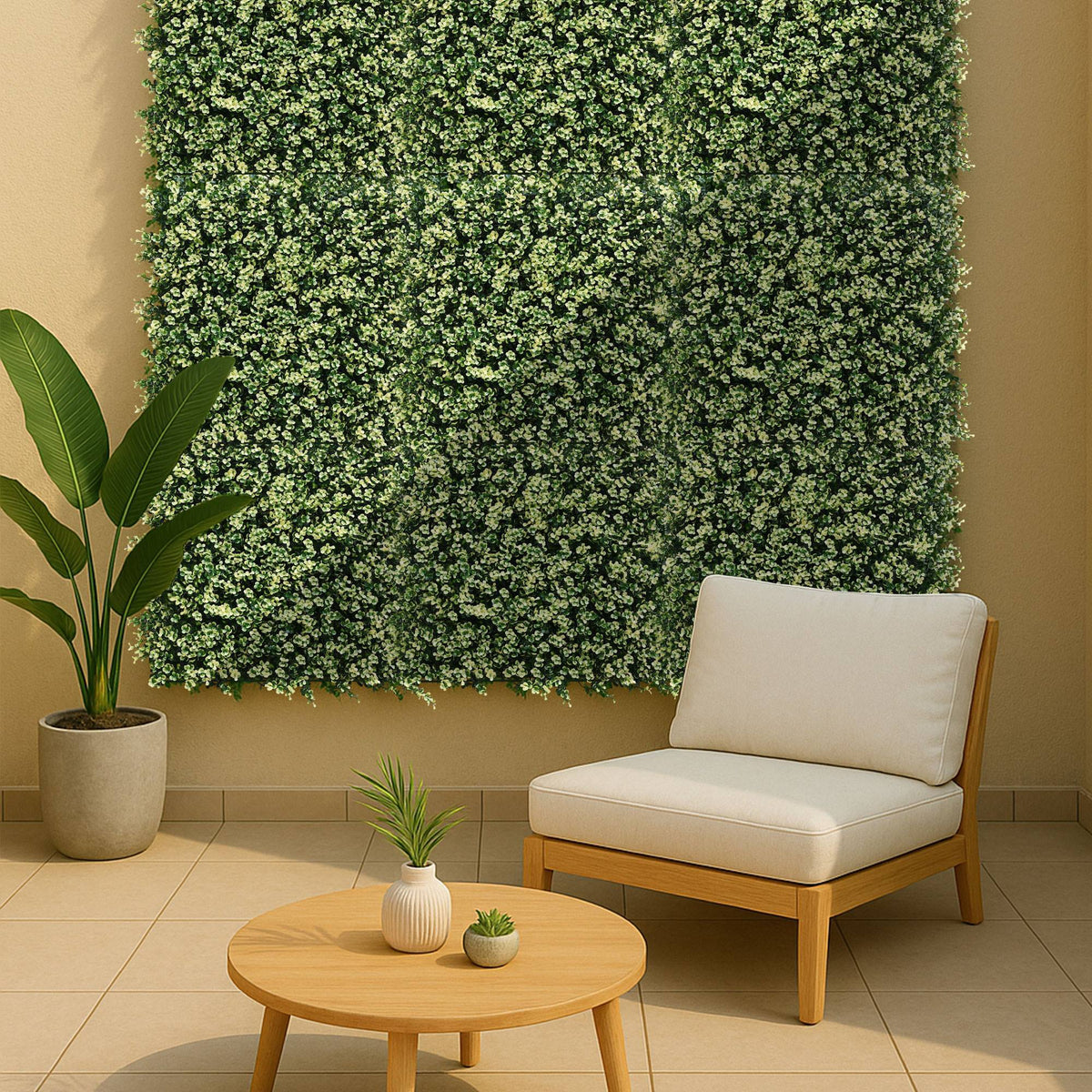 Panel jardín vertical artificial seto 100x100cm verde y blanco (4)