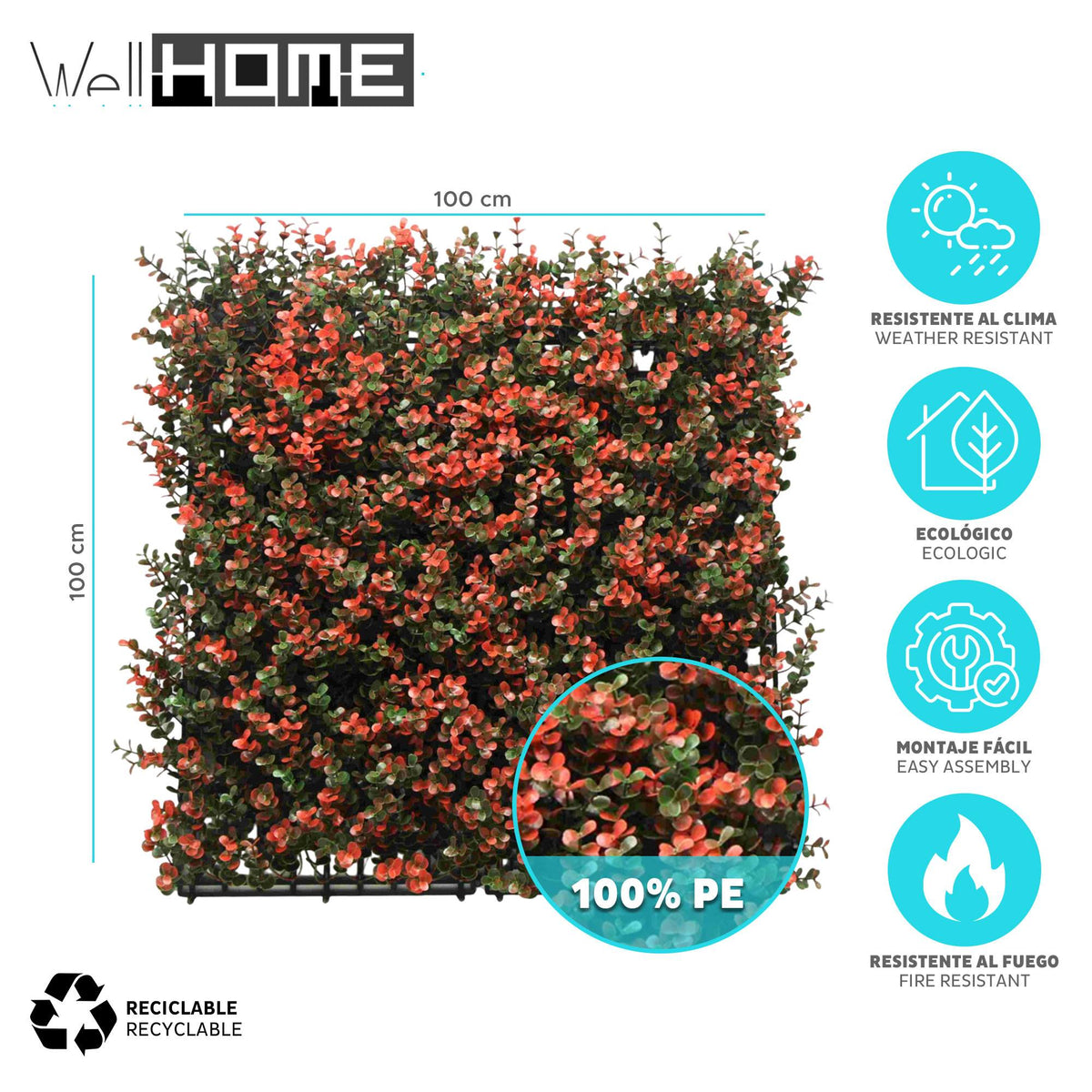 Panel jardín vertical artificial seto 100x100cm flores rojas (2)
