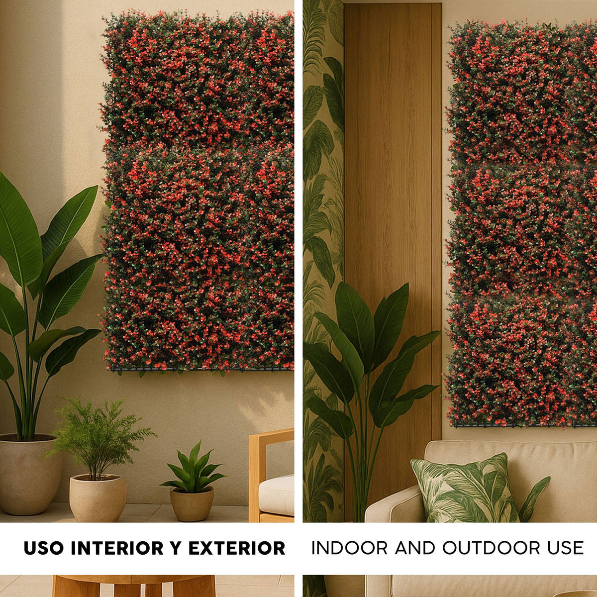 Panel jardín vertical artificial seto 100x100cm flores rojas (3)