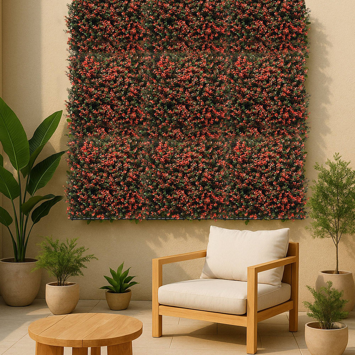 Panel jardín vertical artificial seto 100x100cm flores rojas (4)