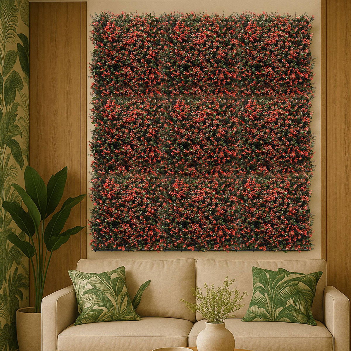 Panel jardín vertical artificial seto 100x100cm flores rojas (5)