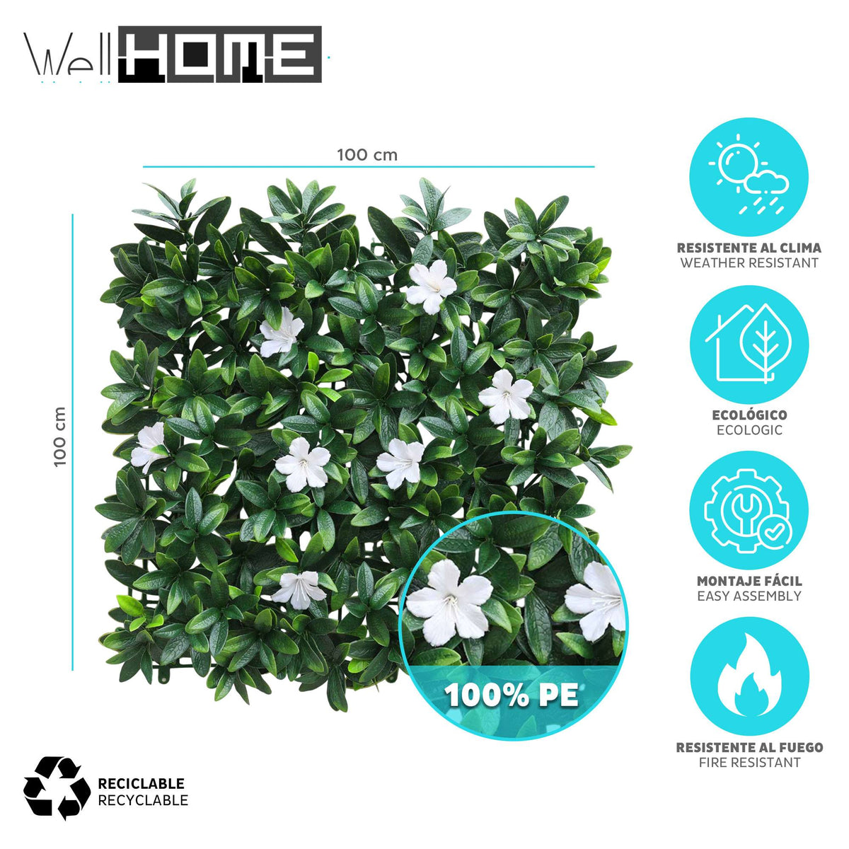 Panel jardín vertical artificial seto 100x100cm flores blancas (2)