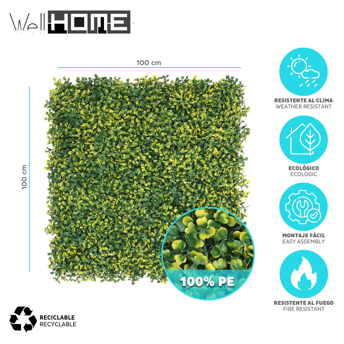 Panel jardín vertical artificial seto 100x100cm hojas verdes (2)