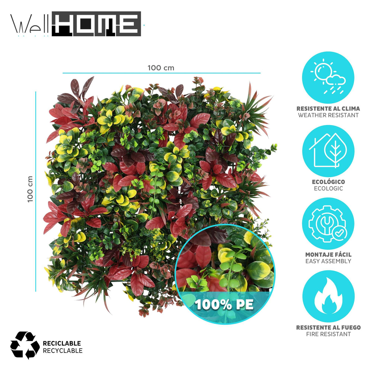 Panel jardín vertical artificial seto 100x100cm rojo y verde (2)