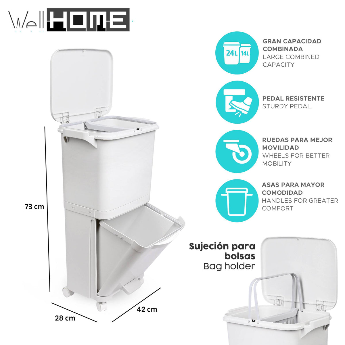 Papelera reciclaje doble comp. pedal y ruedas blanco 38L (2)