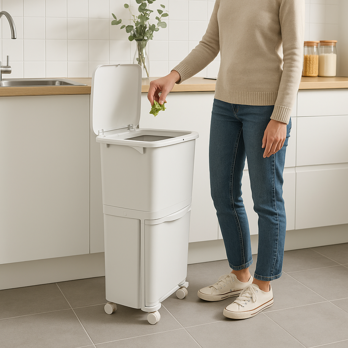 Papelera reciclaje doble comp. pedal y ruedas blanco 38L (5)