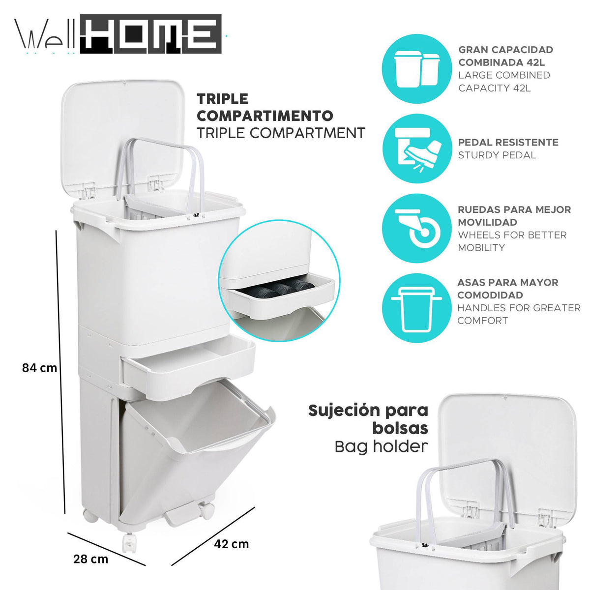 Papelera reciclaje triple comp. pedal y ruedas blanco 42L (2)