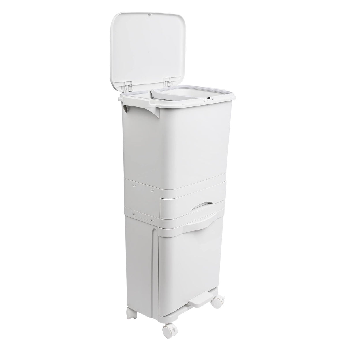 Papelera reciclaje triple comp. pedal y ruedas blanco 42L (10)