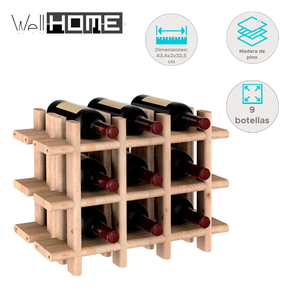 Botellero modular 9 botellas madera 13,4x22x32,5cm (2)