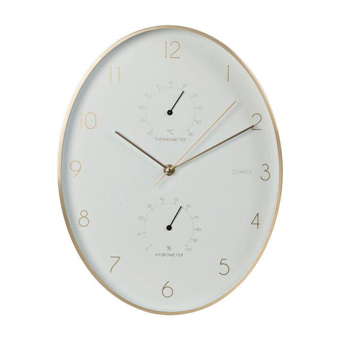 Reloj de pared aluminio borde dorado termómetro higrómetro 34,5cm