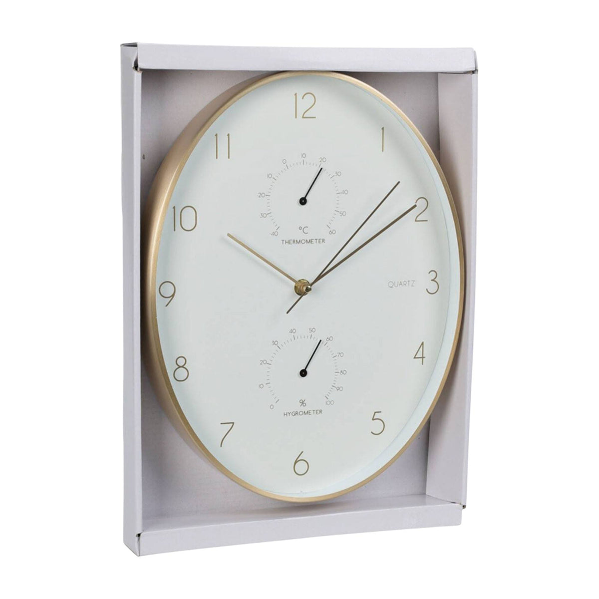 Reloj de pared aluminio borde dorado termómetro higrómetro 34,5cm (3)
