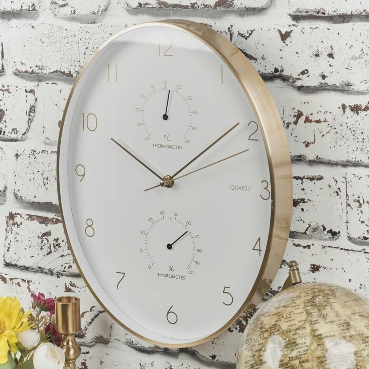 Reloj de pared aluminio borde dorado termómetro higrómetro 34,5cm (4)