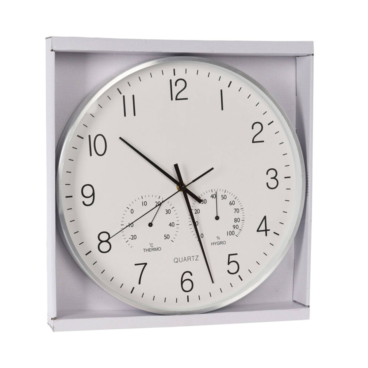 Reloj de pared moderno con termómetro e higrómetro plateado Ø38cm (5)