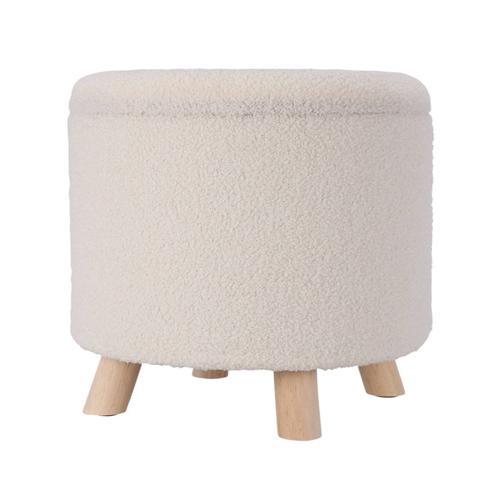 Taburete de almacenamiento poliéster Ø40x37cm blanco patas madera