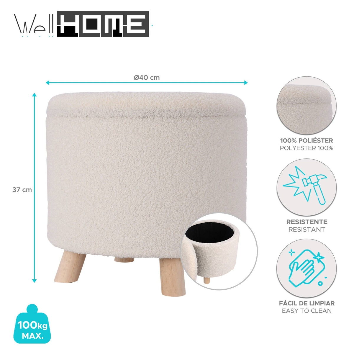 Taburete de almacenamiento poliéster Ø40x37cm blanco patas madera (2)