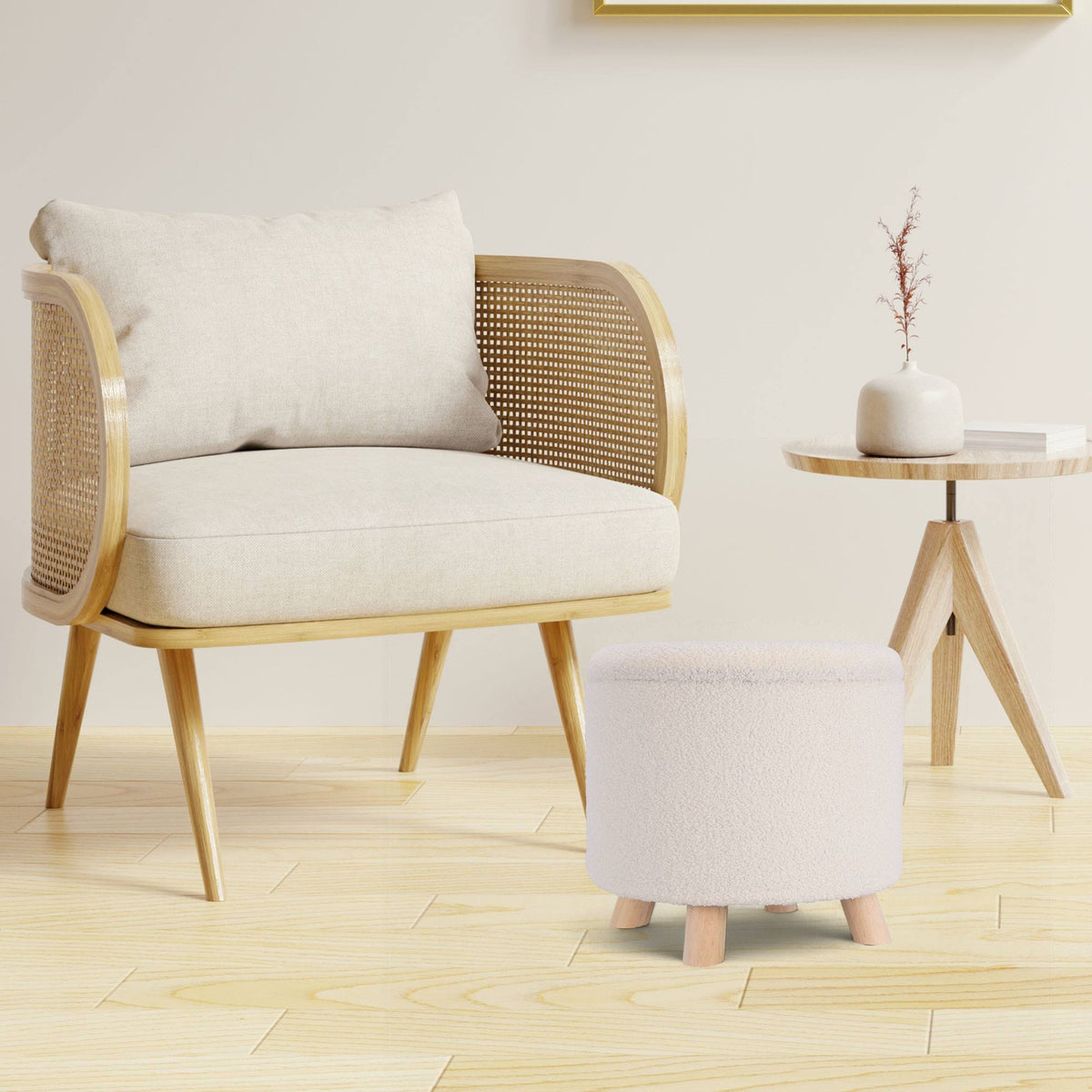 Taburete de almacenamiento poliéster Ø40x37cm blanco patas madera (3)