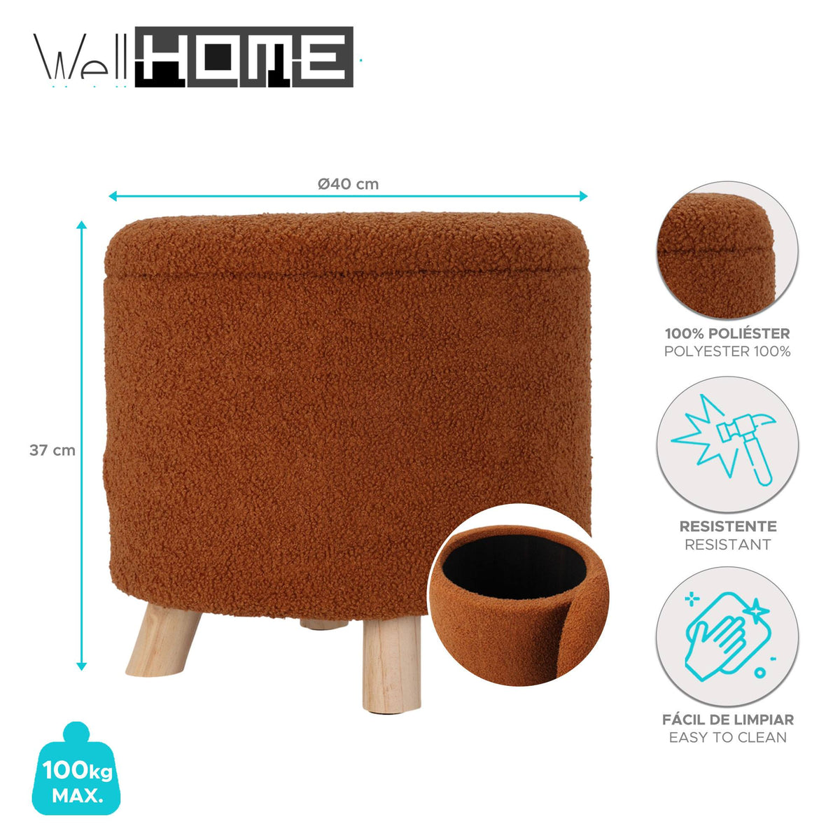 Taburete de almacenamiento poliéster 18L Ø40x37cm color marrón (2)