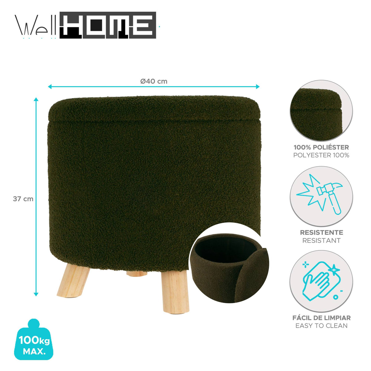 Taburete de almacenamiento poliéster 18L Ø40x37cm color verde (2)