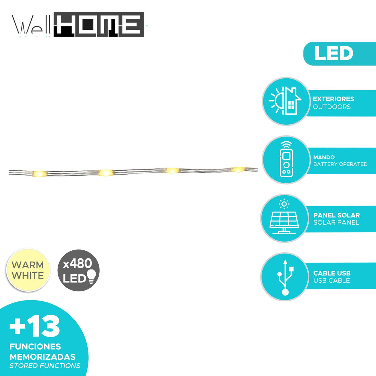 Cadena luces solares 480 LED blanco cálido con mando a distancia (2)