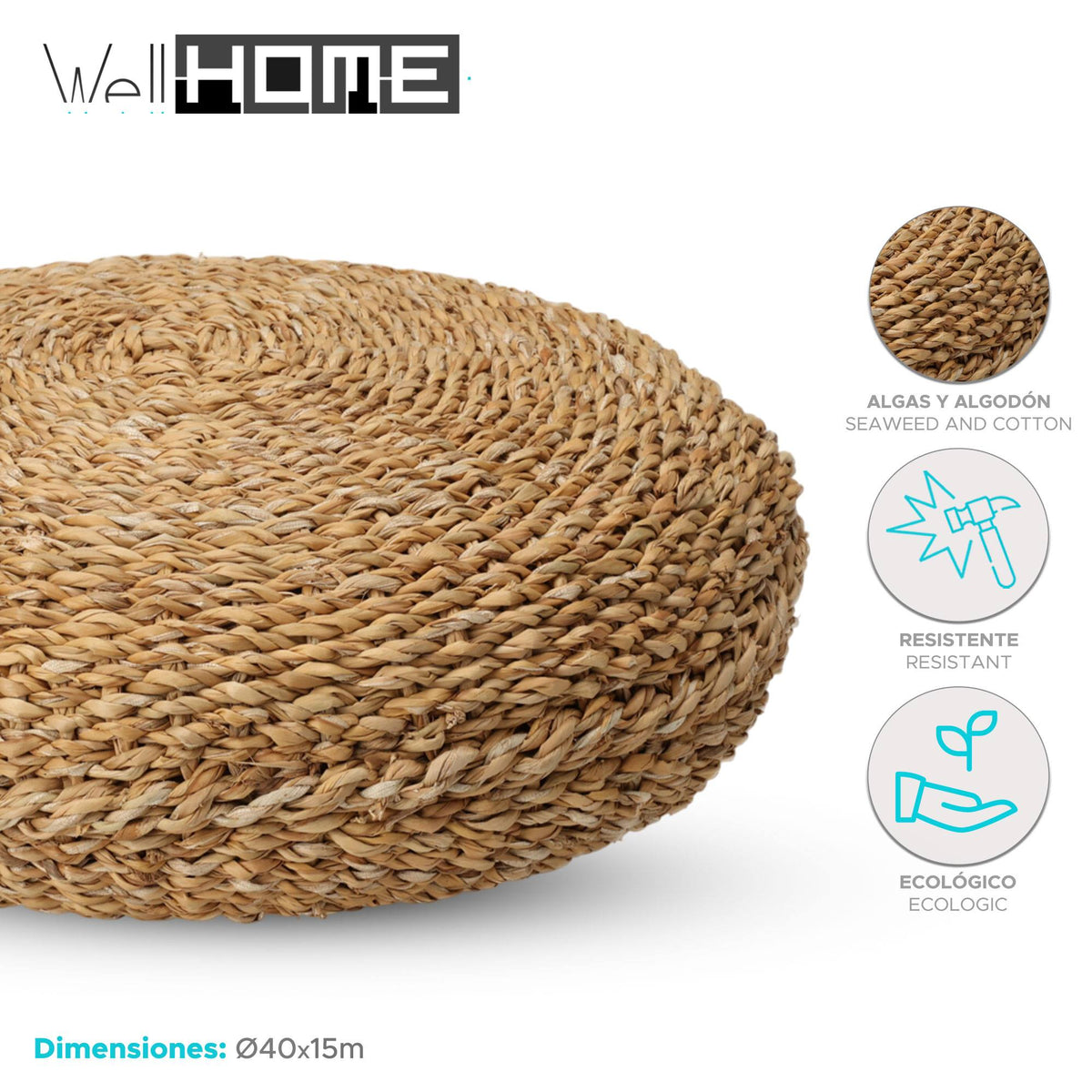 Puf redondo de algas y algodón diseño natural Ø40x15cm (2)