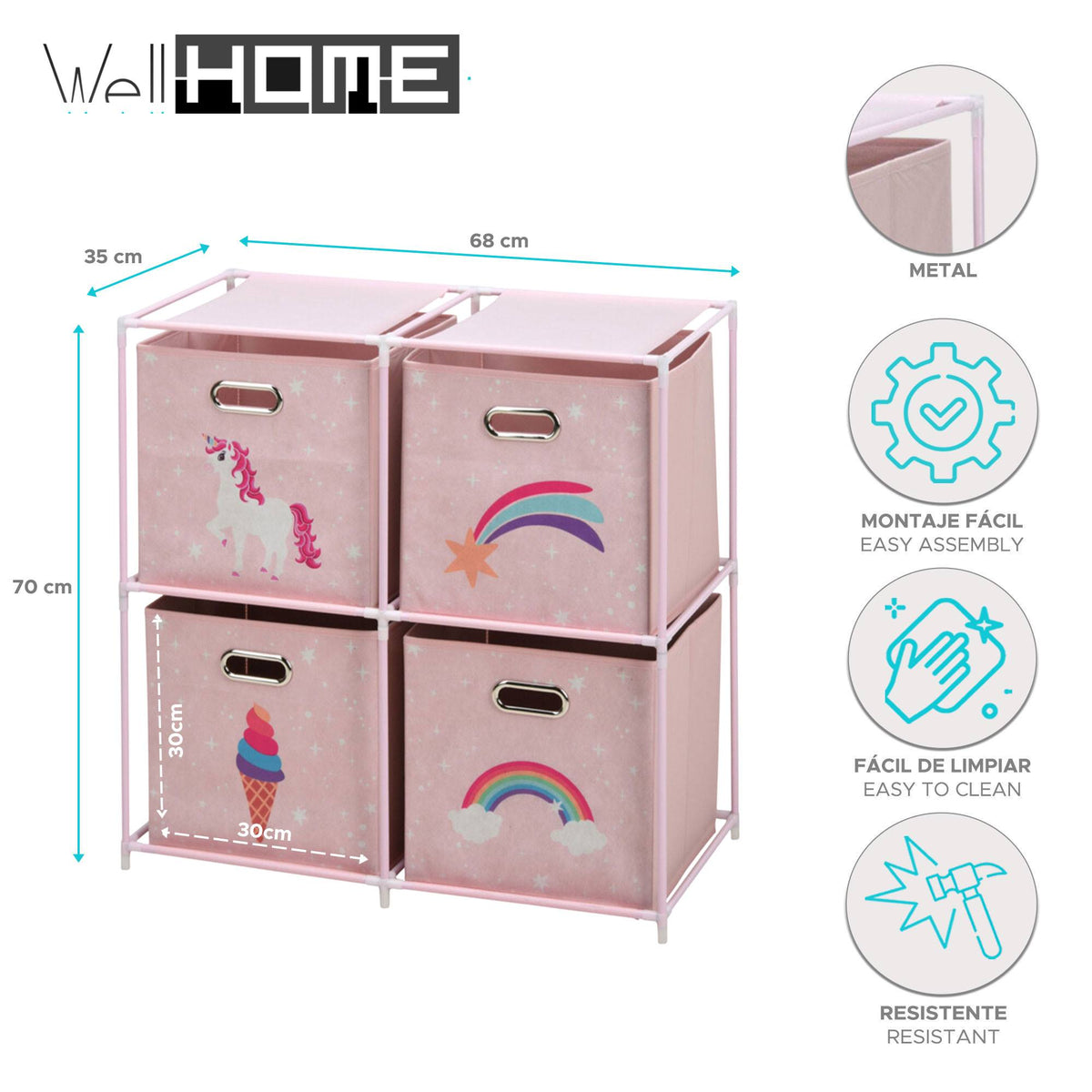 Cajonera infantil 4 compartimentos marco metal color rosa (2)