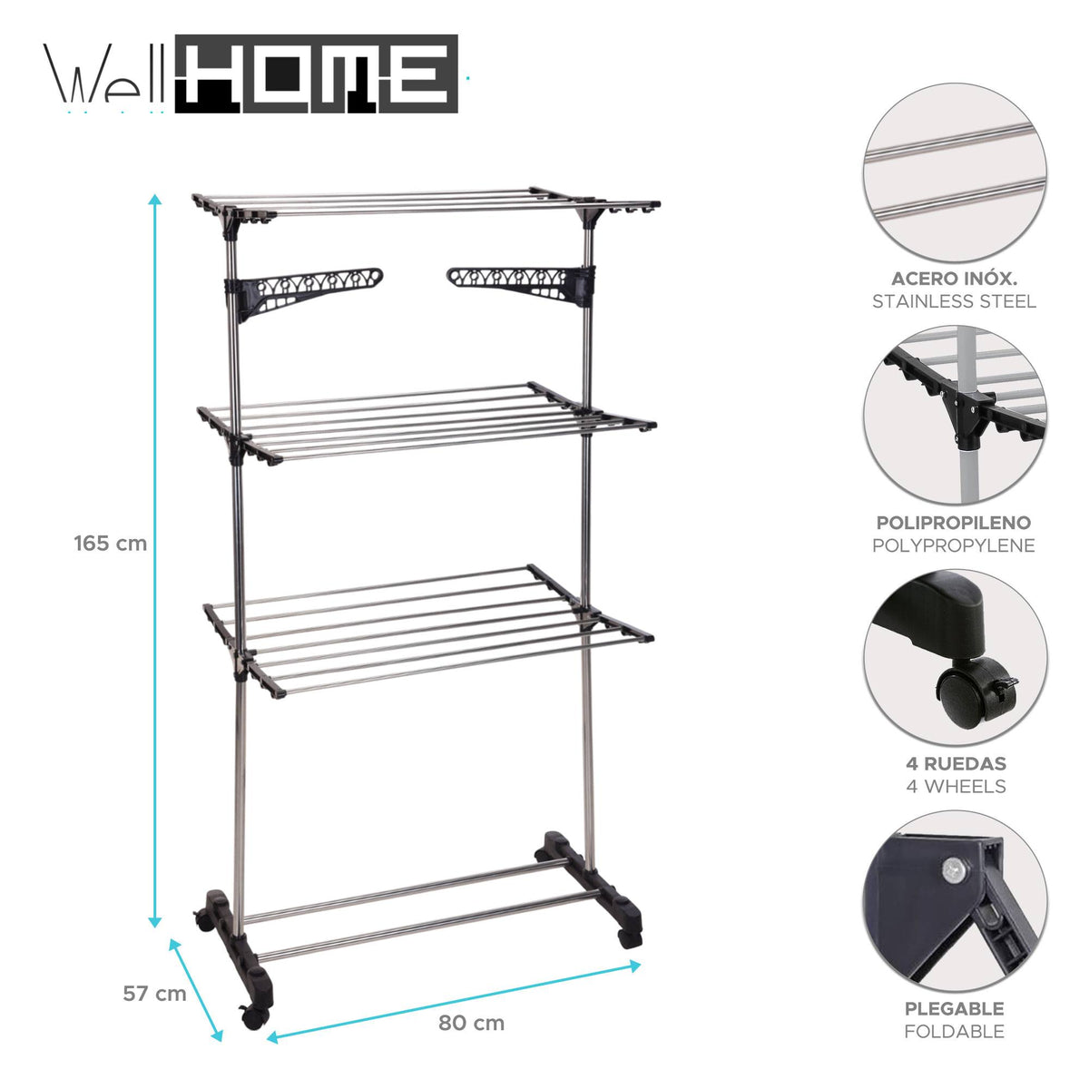 Tendedor de 3 alturas con ruedas 80x57x165cm (2)