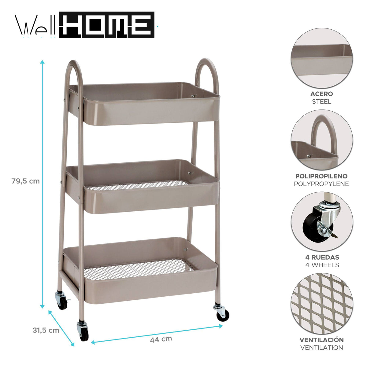 Carro de cocina Rolling taupe 3 cestas y ruedas 44x31,5x79,5cm (2)