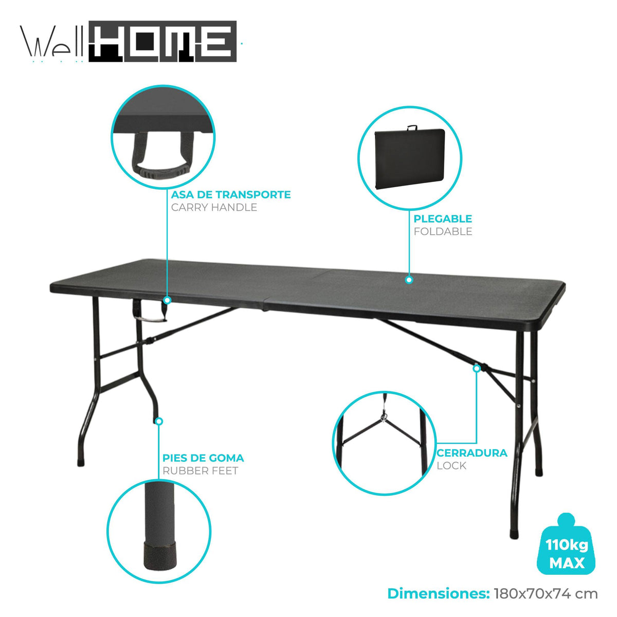 Mesa plegable negra con mecanismo bloqueo automático 180x70x74cm (2)