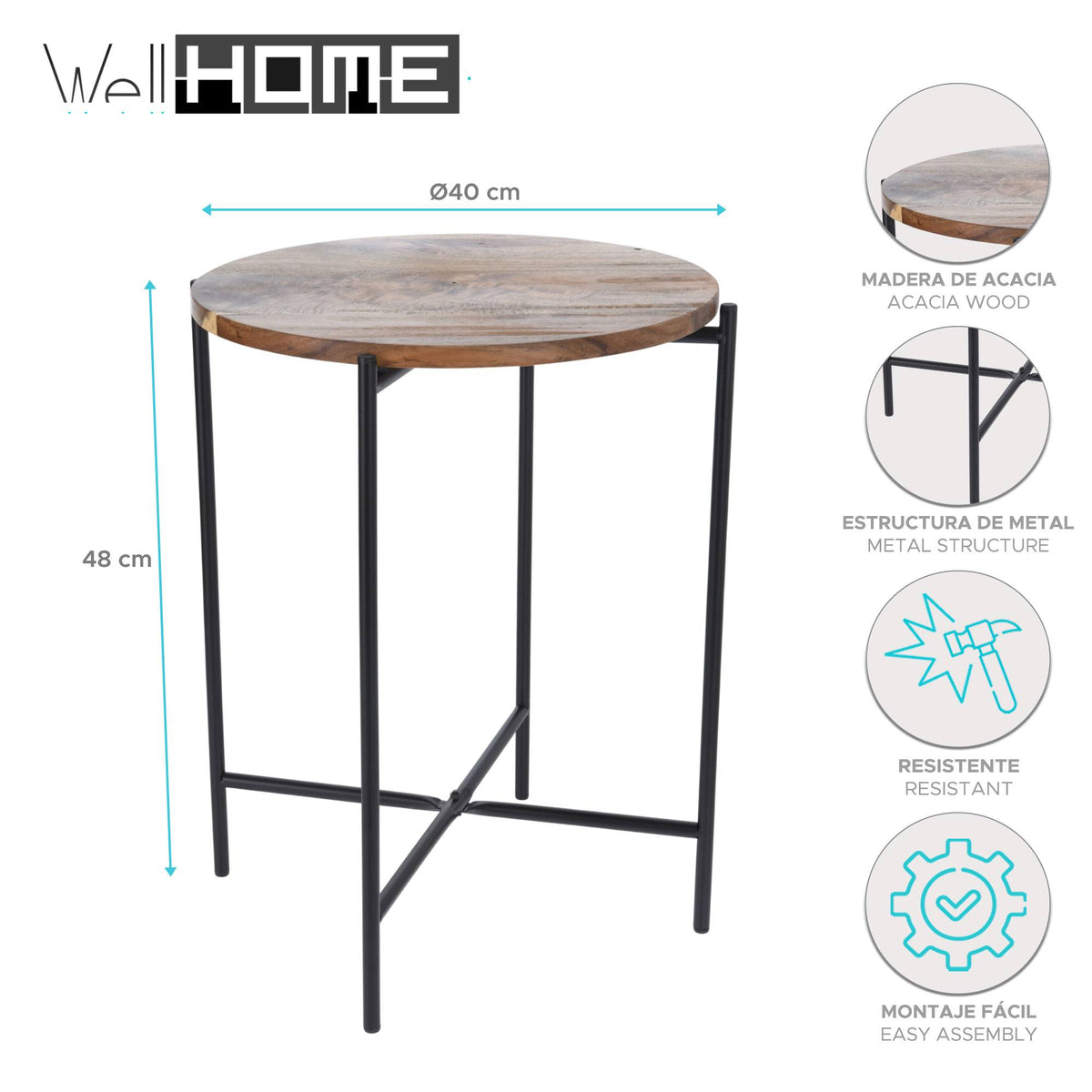 Mesa auxiliar madera de acacia con estructura metálica 40x48cm (2)