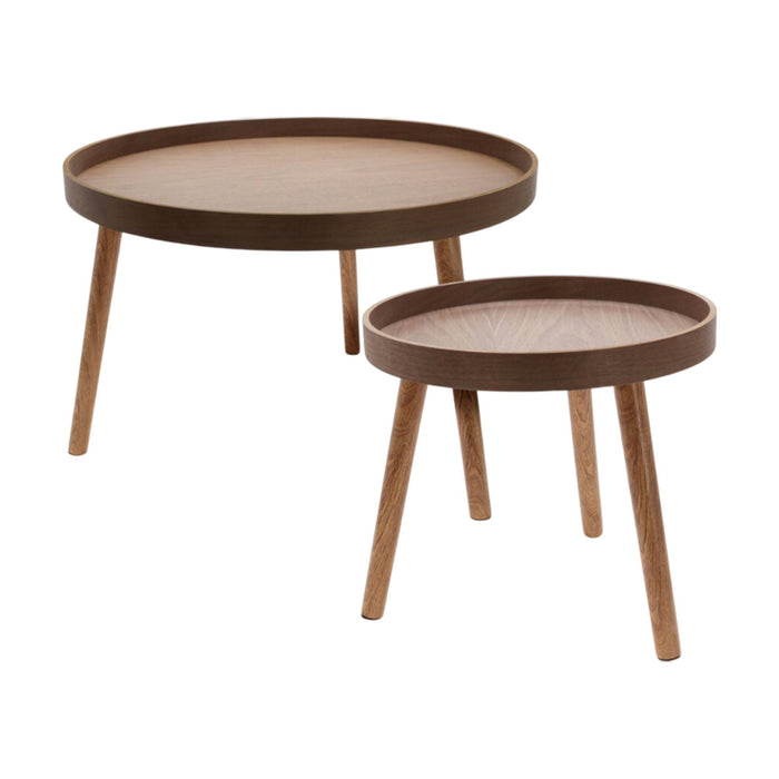Set 2 mesas auxiliares redondas 3 patas nogal oscuro Ø60 y Ø38cm