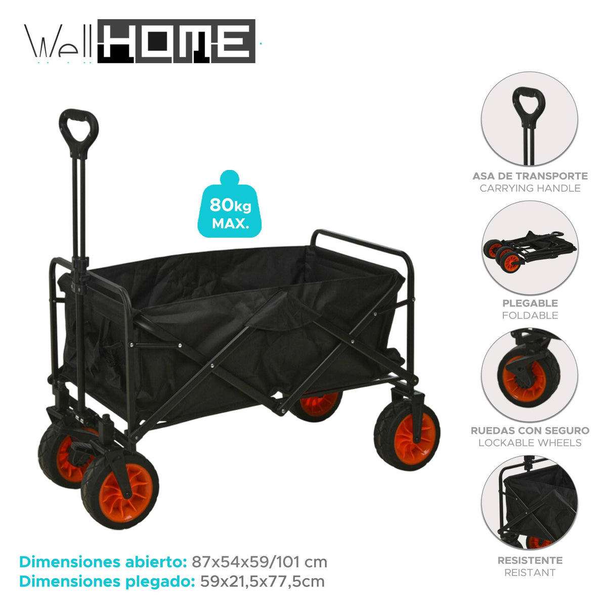 Carro de playa plegable acero y poliéster negro 87x54x59cm (2)
