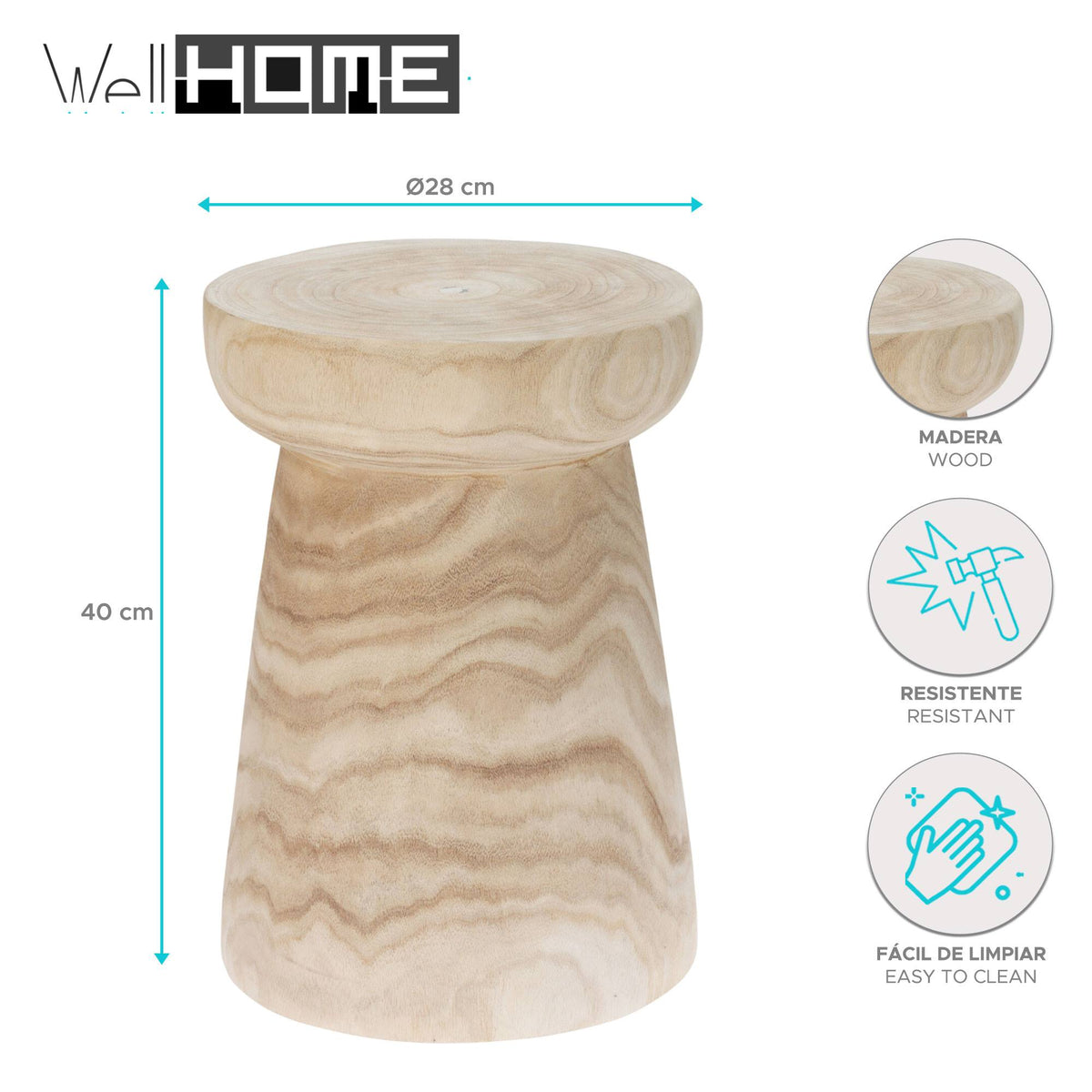 Mesa auxiliar de paulownia madera natural Ø28x40cm (2)