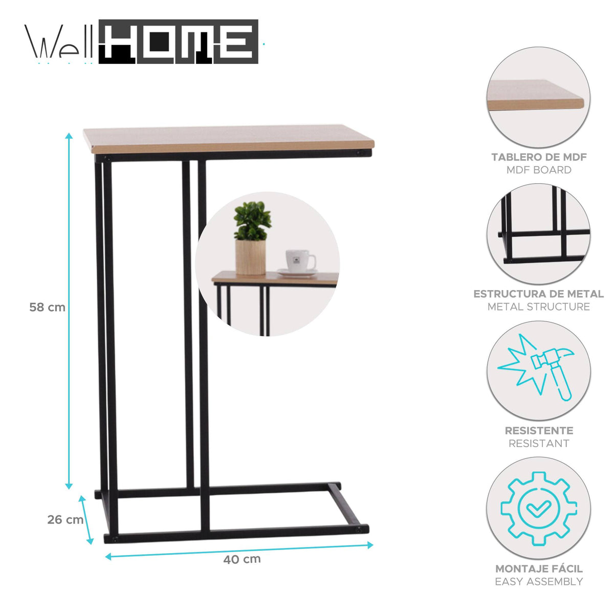 Mesa auxiliar de metal con tapa MDF melamina natural 40x26x58cm (2)