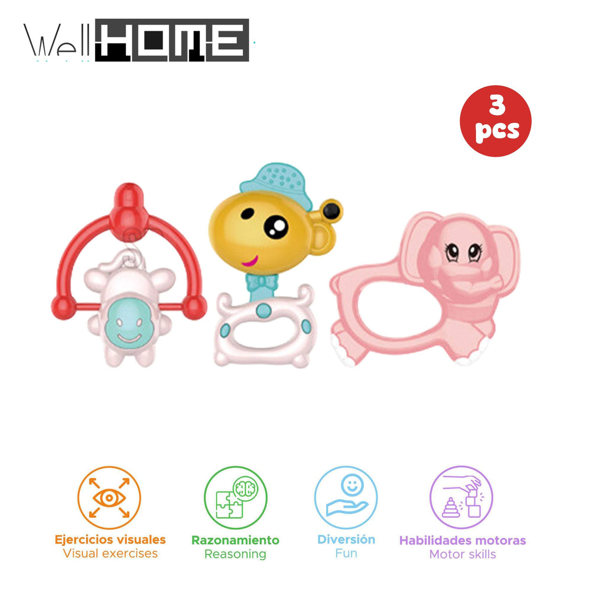 Set de sonajeros para bebés 3 pzs en bandeja diseño mascotas (2)