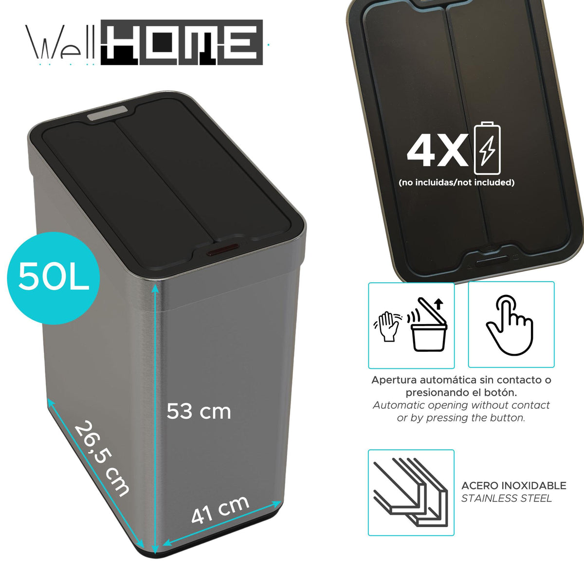 Cubo de basura acero inox sensor automático 50L gris metálico (2)