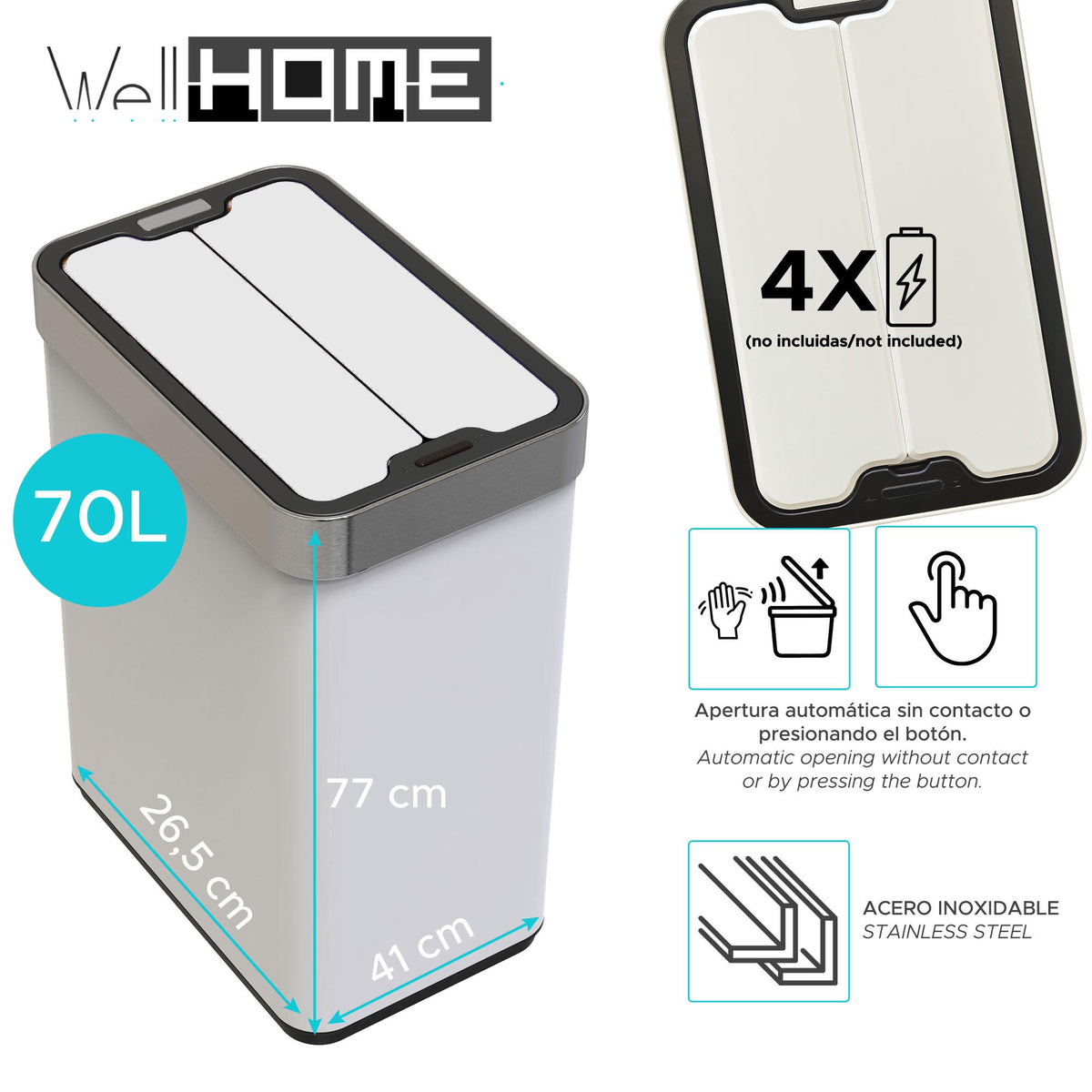 Cubo de basura acero inox sensor automático 70L blanco (2)