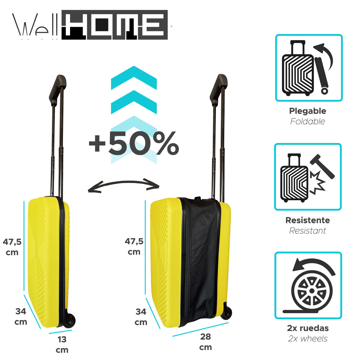 Maleta de cabina 18" plegable ultrafina ABS 2 ruedas amarillo (2)