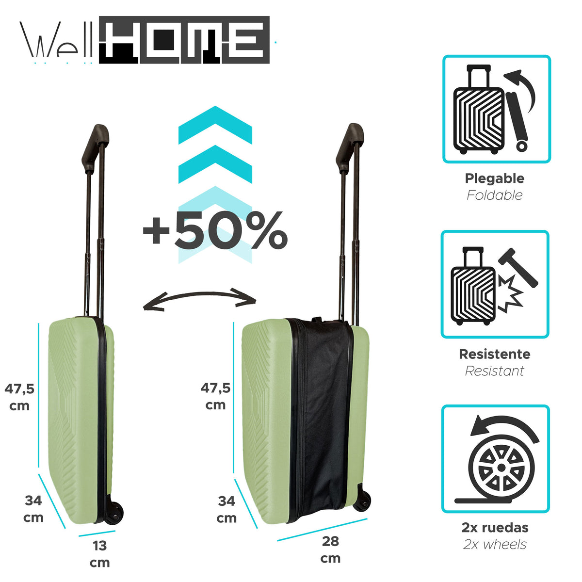 Maleta de cabina 18" plegable ultrafina ABS 2 ruedas verde oliva (2)