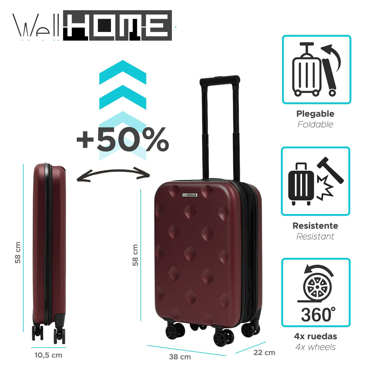 Maleta de cabina 20" plegable ultrafina ABS 4 ruedas burgundy (2)