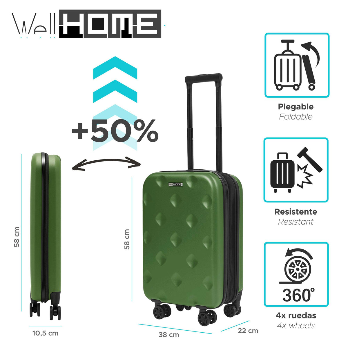 Maleta de cabina 20" plegable ultrafina ABS 4 ruedas verde musgo (2)