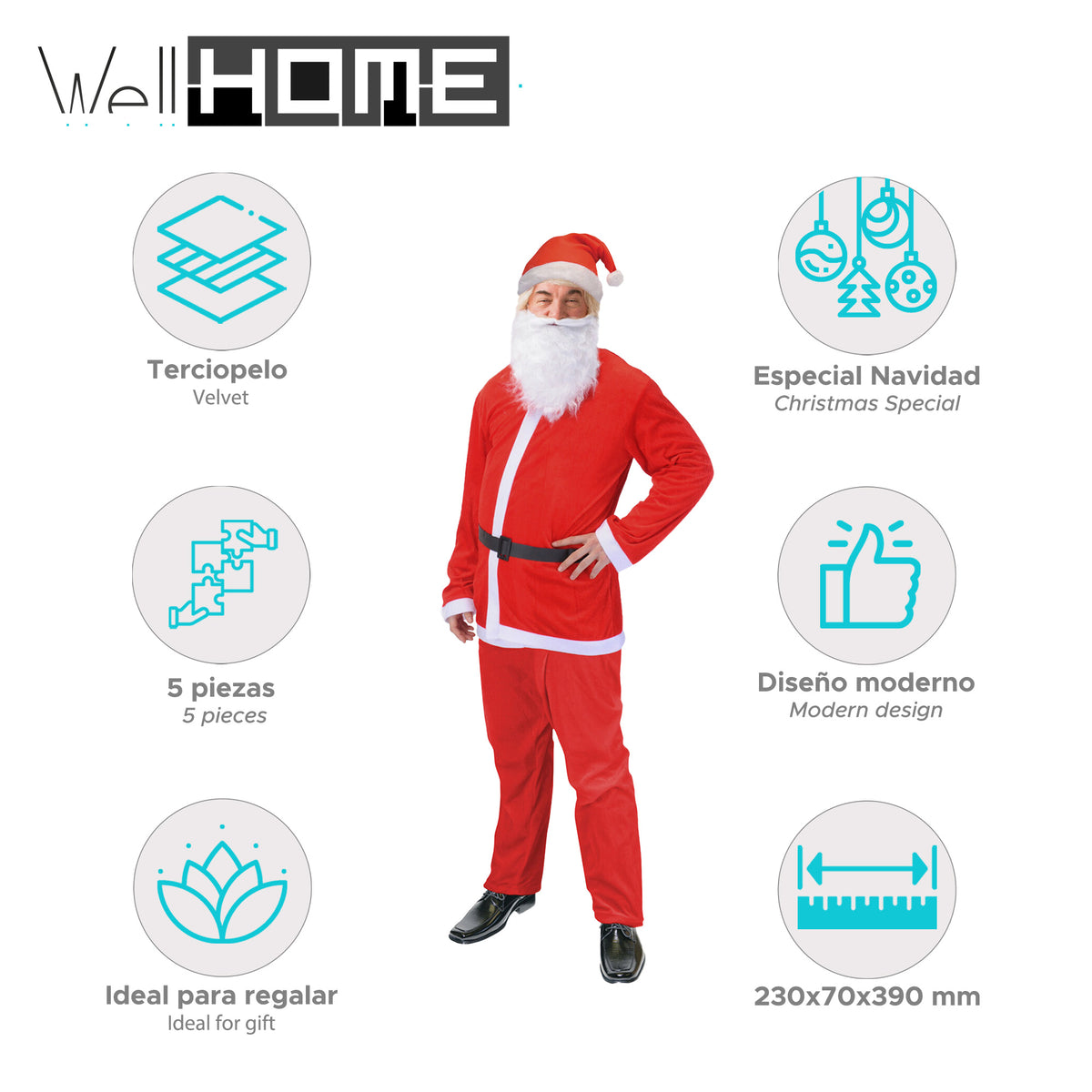 Conjunto 5 pzs Papá Noel terciopelo para adultos talla única (2)