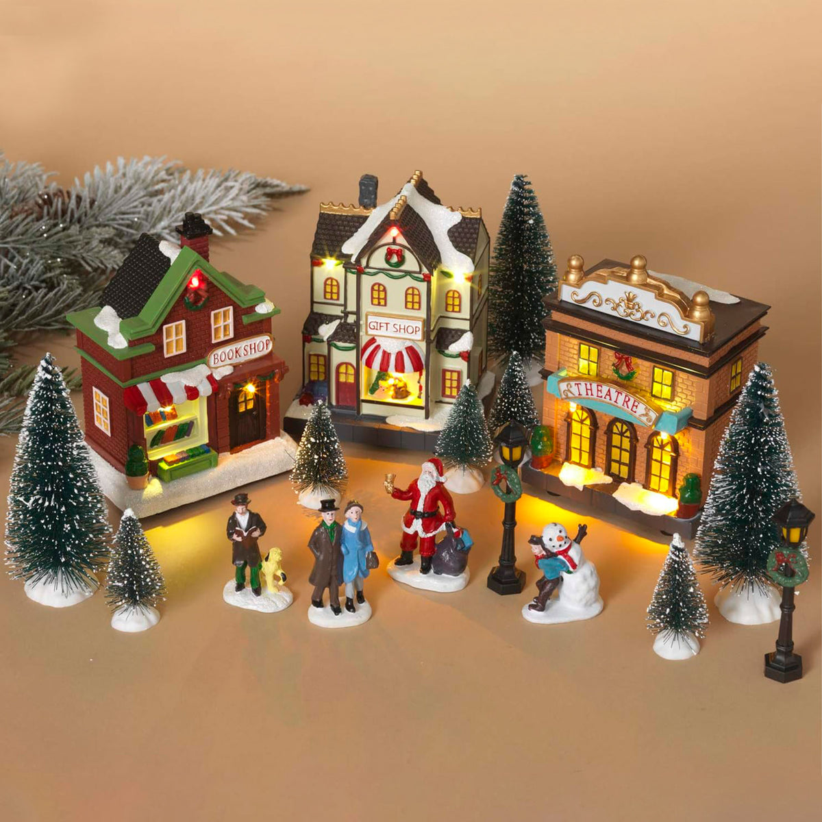 Conjunto de 14 pzs escena pueblo navideño con iluminación LED (4)
