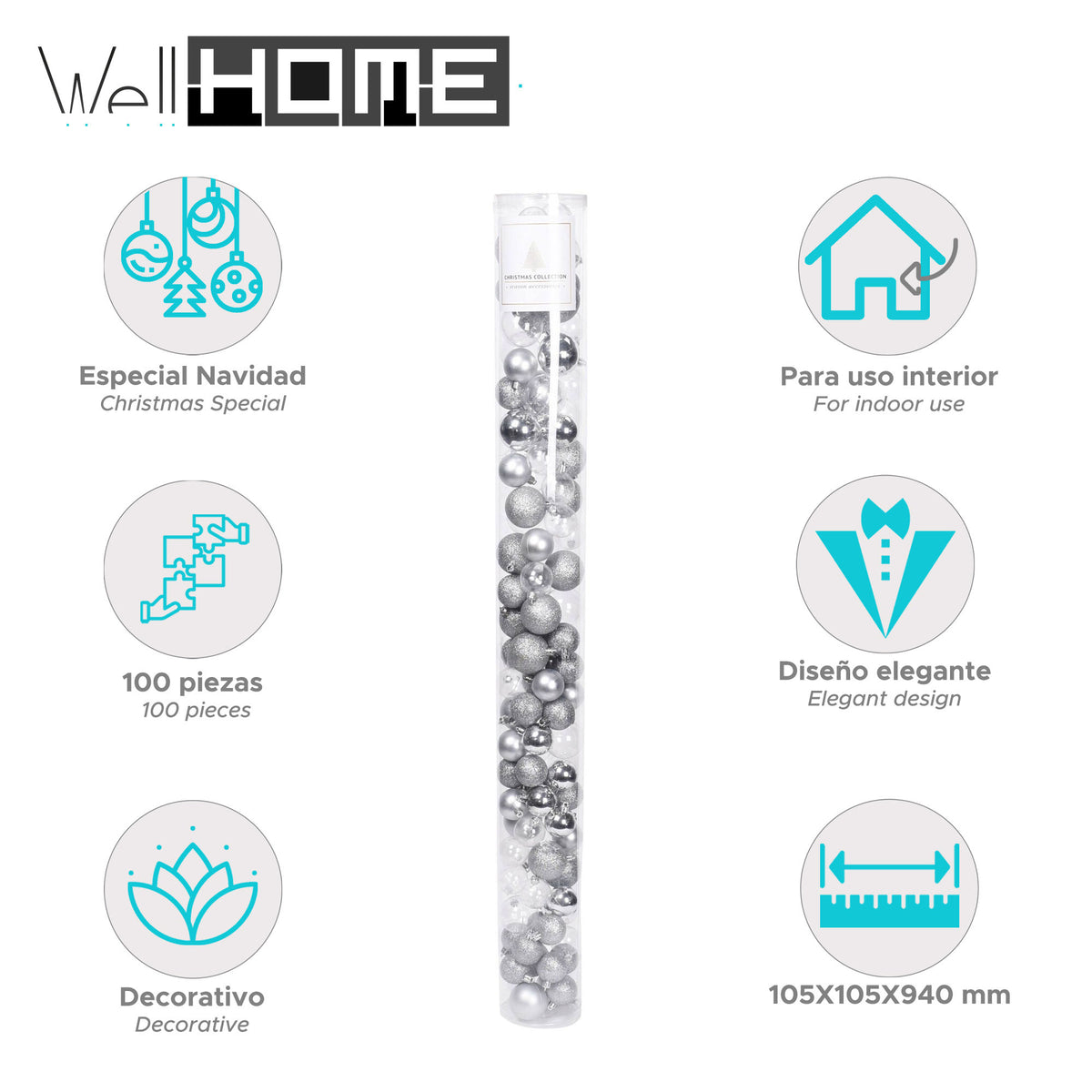 100 bolas de Navidad color plata en tubo acabados variados (2)
