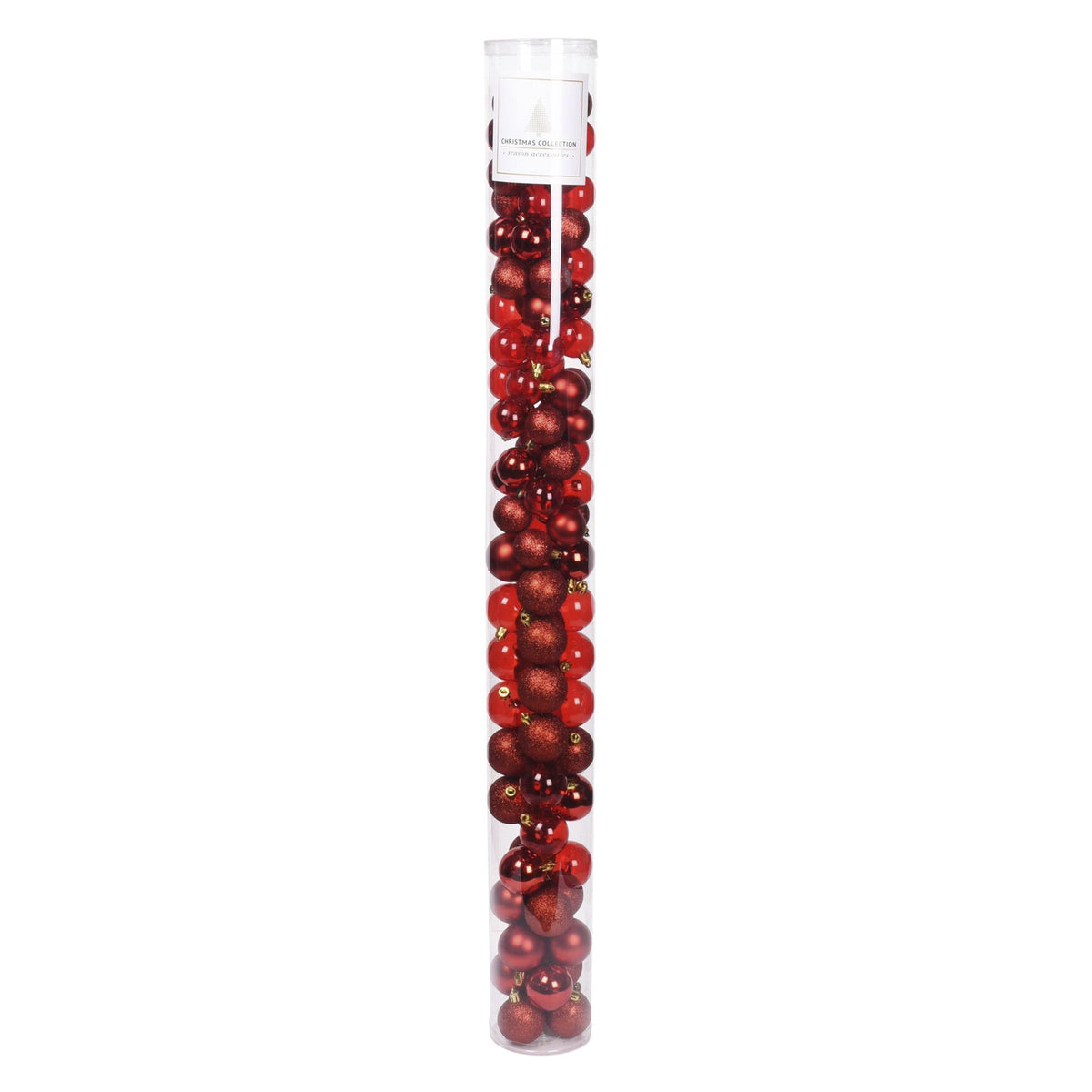 100 bolas de Navidad color rojo en tubo acabados variados
