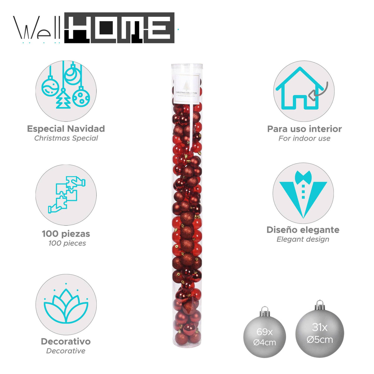 100 bolas de Navidad color rojo en tubo acabados variados (2)