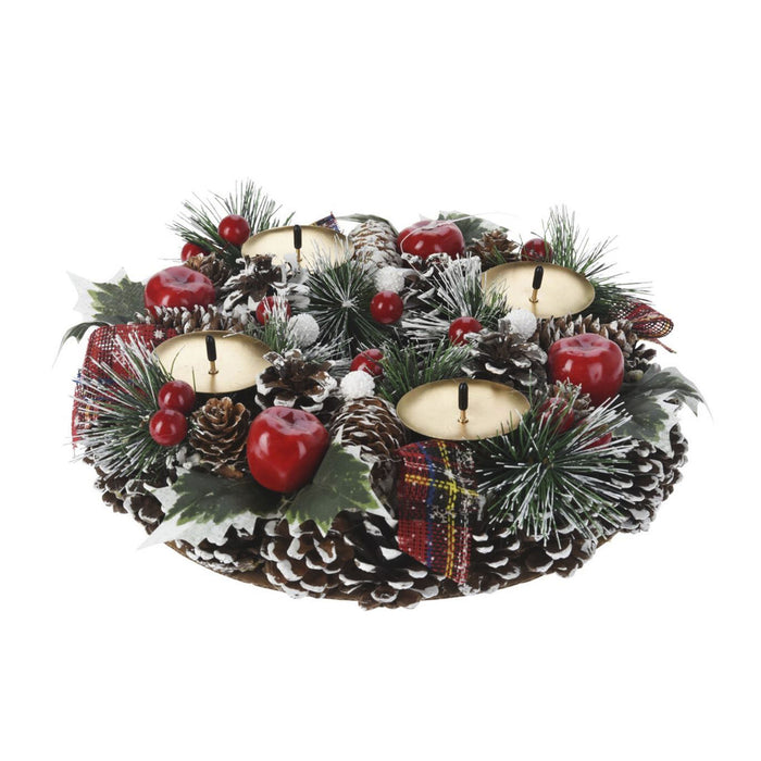 Corona Adviento con candelabro piñas y detalles rojo Ø27x8cm