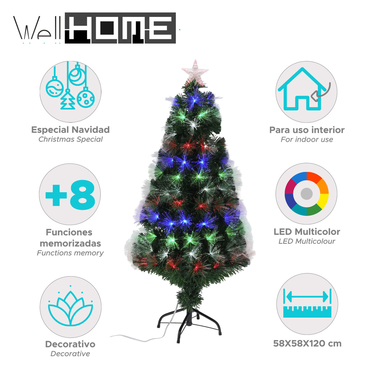 Árbol de Navidad fibra óptica 135 LED multicolor estrella H120cm (2)